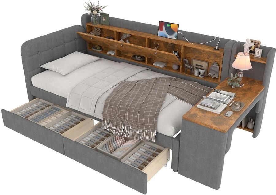 Merax Eenpersoonsbed 90x200 cm met Bureau en 2 Lades Bed met USB en USB-C Aansluiting Veel Opbergruimte en Lattenbodem Linnen Grijs