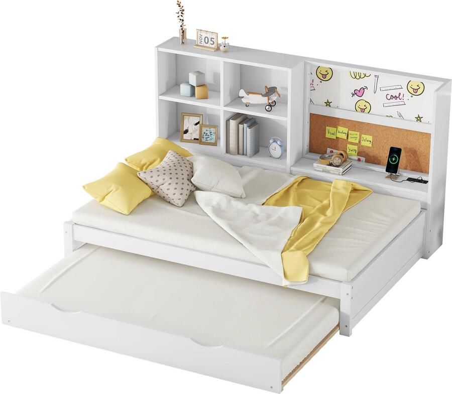 Merax Eenpersoonsbed 90x200 cm inclusief Extra Bed 90x190 cm en USB-Aansluiting Bedframe met Opbergruimte en Whiteboard Wit