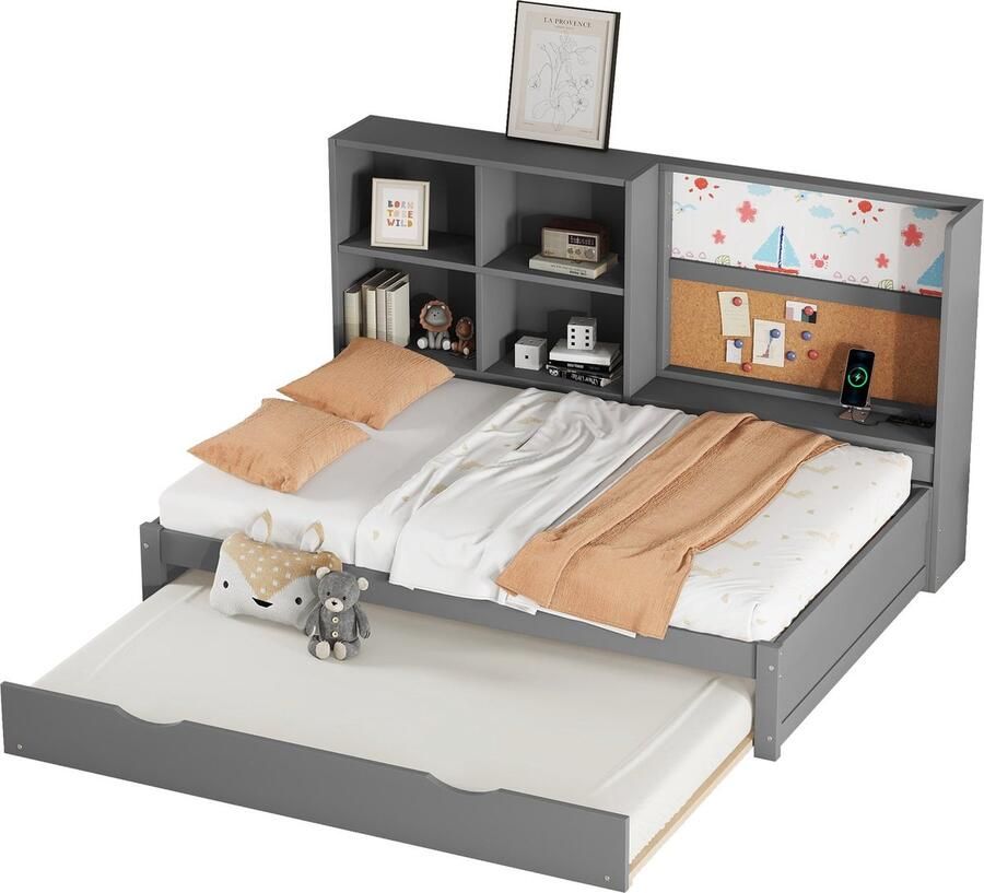 Merax Eenpersoonsbed 90x200 cm met extra Uitschuifbaar Bed 90x190 cm met Whiteboard Bedframe met Opbergvakken en USB-Aansluiting Grijs