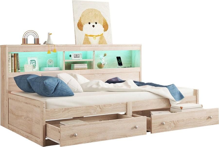Merax Eenpersoonsbed 90x200 cm met Handige Opbergruimte en 2 Lades Bed voor Kinderen met LED-Verlichting en USB Aansluitingen Naturel Hout Bruin