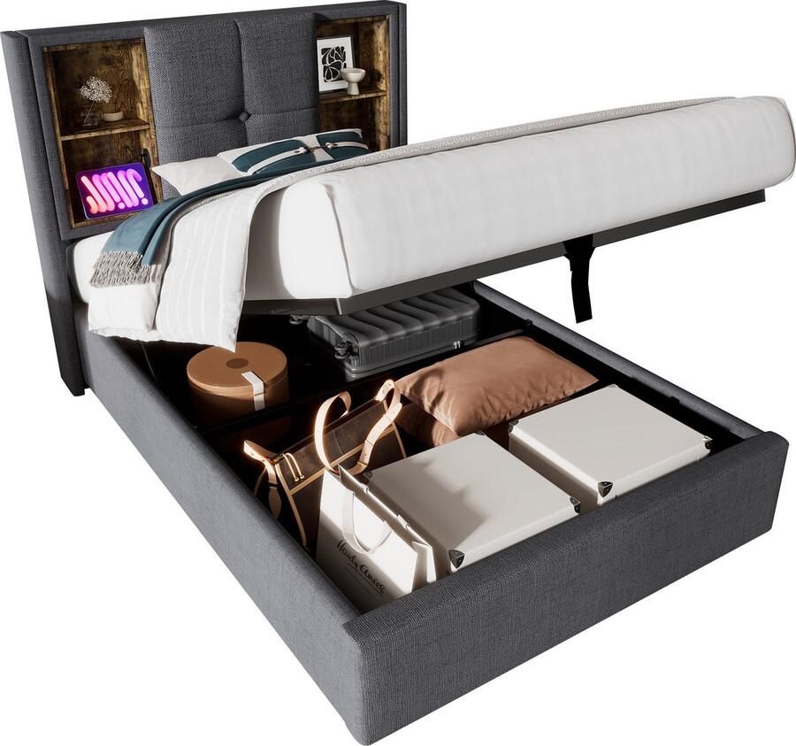 Merax Einzelbett mit Kabellosem Laden USB C Polsterbett Bettgestell 90x200cm Bettgestell mit Stauraum Lattenrost aus Holz-Grau Baumwolle (Ohne Matratze)