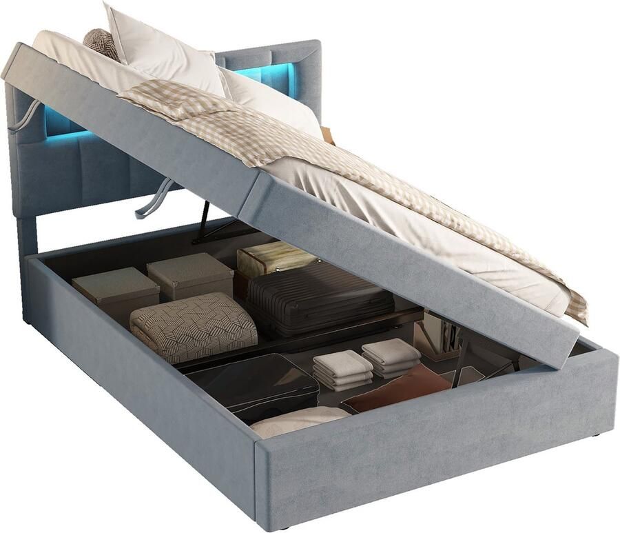 Merax Gestoffeerd Bed 90x200 cm Fluwelen Bed met LED-Verlichting Verstelbaar Hoofdbord en Opbergruimte Minimalistisch Design Grijs