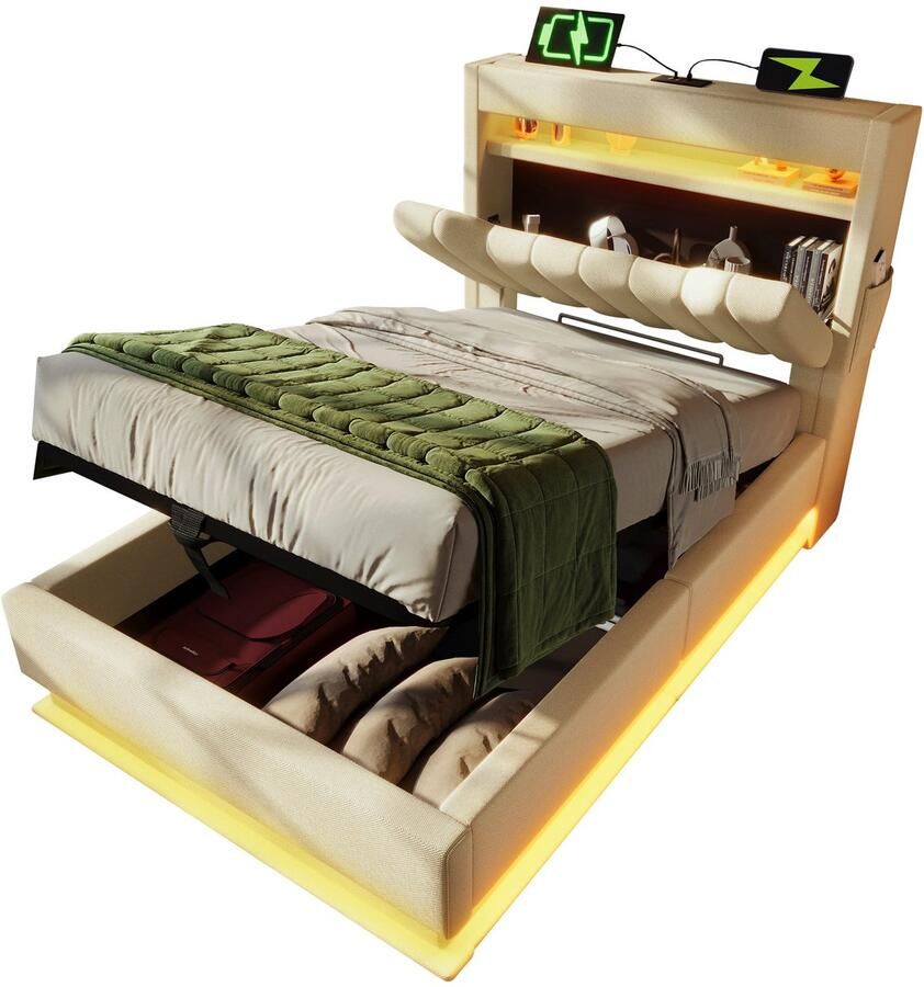 Merax Eenpersoonsbed 90x200 cm met Hydraulische Opbergruimte en LED Verlichting – Beige Linnen – Bed met USB en Type-C