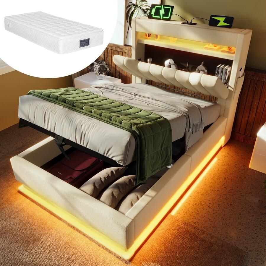 Merax Eenpersoonsbed 90x200 cm met Hydraulische Opbergruimte en Verlichting – Beige Linnen – Bed met USB en USB-C Aansluiting – Inclusief 7-Zone Pocketveringmatras