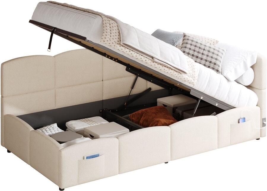 Merax Gestoffeerd Bed 90x200 cm Kinderbed Slaapbank Bed met Opbergruimte Fluweel Stof USB-A en USB-C Ladefunctie Stautasche Jugendbed en Volwassenenbed Beige Zonder Matras
