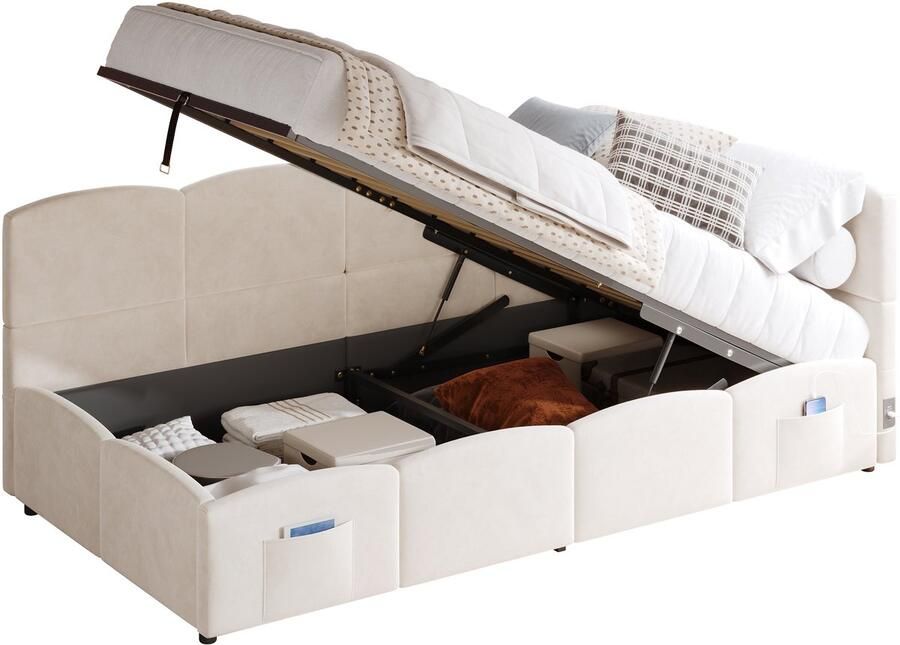 Merax Gestoffeerd Bed 90x200 cm Kinderbed Slaapbank Bed met Opbergruimte Bouclé Stof USB-A en USB-C Ladefunctie Stautasche Jugendbed en Volwassenenbed Beige Zonder Matras