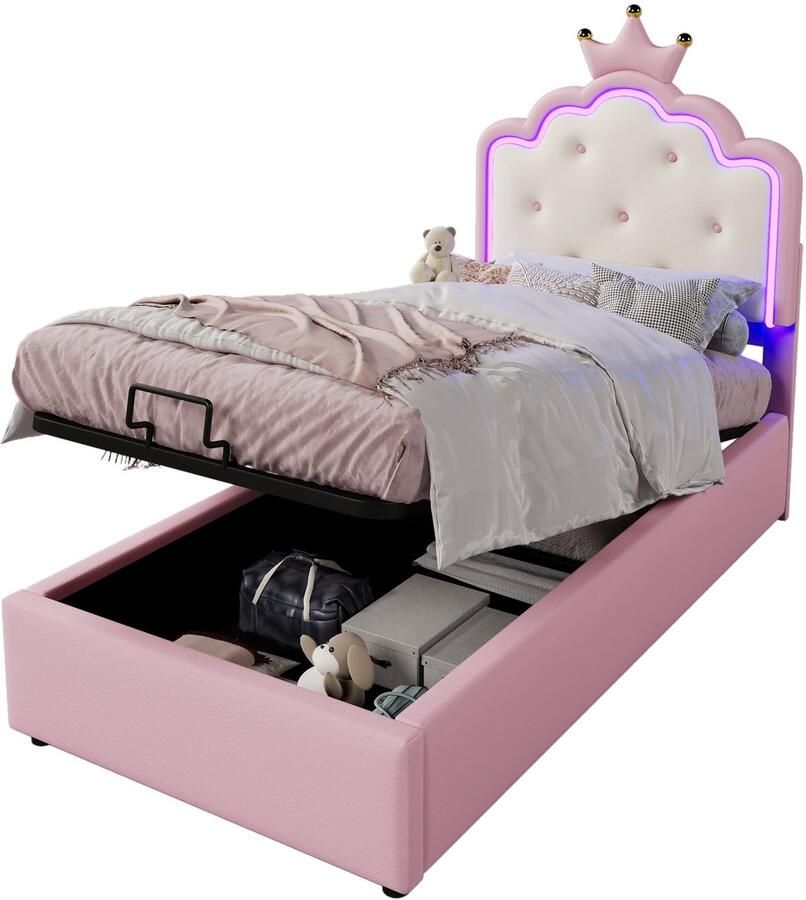 Merax Gestoffeerd Bed 90x200 cm – Inclusief Lattenbodem LED Verlichting met Afstandsbediening Prinsessenvorm Hydraulisch Bed met Opbergruimte – Kunstleer – Roze (Zonder Matras) - Foto 2
