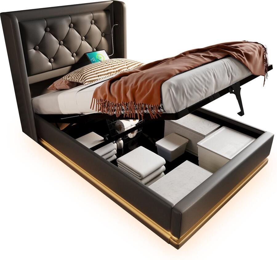 Merax Polsterbett Einzelbett 90*200 cm Schwarz PU-Material Hydraulisches Stauraumbett gepolstertes Kopfteil mit USB Typ-C Ladefunktion 3-seitige LED-Funktion(Ohne Matratze)