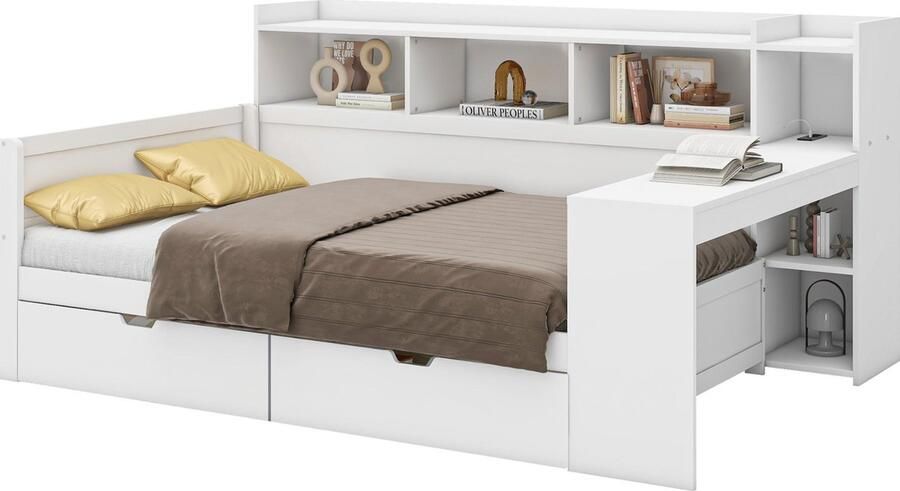 Merax Slaapbank 90x200 cm Nachtkastje en Opbergruimte Bed met Stopcontact en USB-aansluiting 2 Lades Schrijftafel Zonder Matras Spanplaat Wit