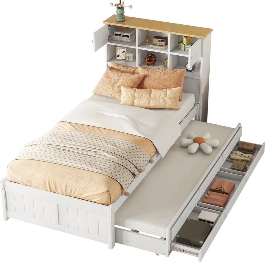 Merax Eenpersoonsbed 90x200 cm met Opbergruimte en Uitschuifbaar Bed 90x190 cm Bedframe met Lades Wit