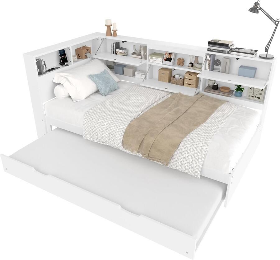 Merax Daybed Slaapbank 90x200 cm met Opbergruimte en Uitschuifbaar Logeerbed – Wit (Zonder Matras)