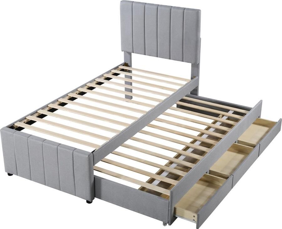 Merax Gestoffeerd Bed 90 x 200 cm met Uittrekbaar Bed en Opberglades Hout en Linnen Stof Slaapbank voor Kinderen Tieners en Logeerbedden (Grijs)