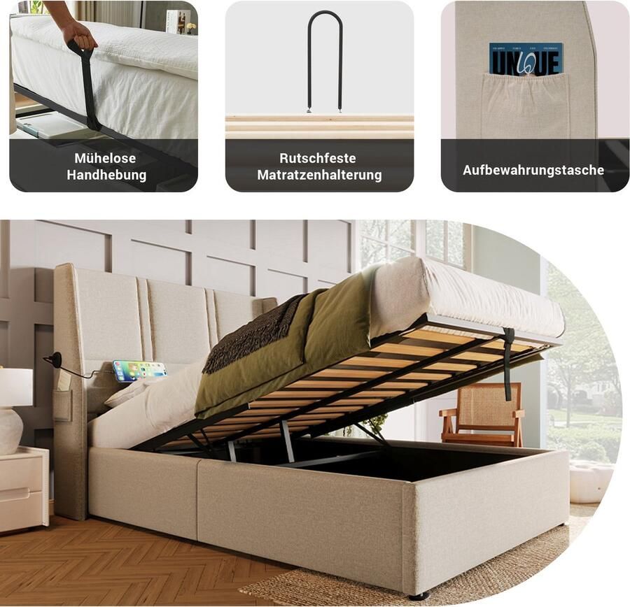 Merax Eenpersoonsbed 90x200 cm met USB-C Aansluiting en Hydraulische Opbergvak Gestoffeerd Bed met Zijvak en Opbergruimte Beige