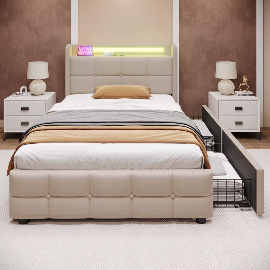 Merax Eenpersoonsbed 90x200 cm met USB-oplaadfunctie een zacht kussenbed en LED-verlichting uitgerust met twee lades beige zonder matras