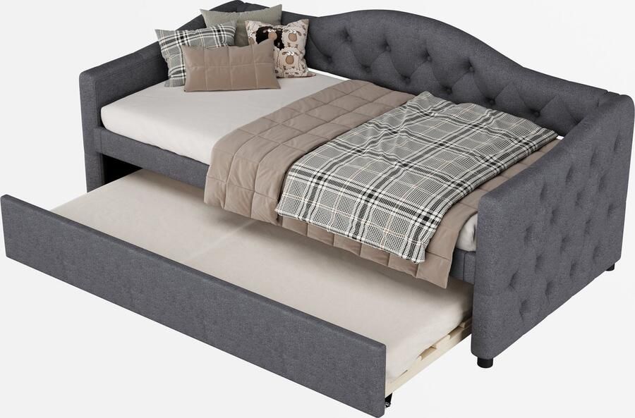 Merax Eenpersoonsbed 90x200 cm Slaapbank met Extra Uitschuifbaar Bed 90x190 cm Gestoffeerd Logeerbed Grijs - Foto 2