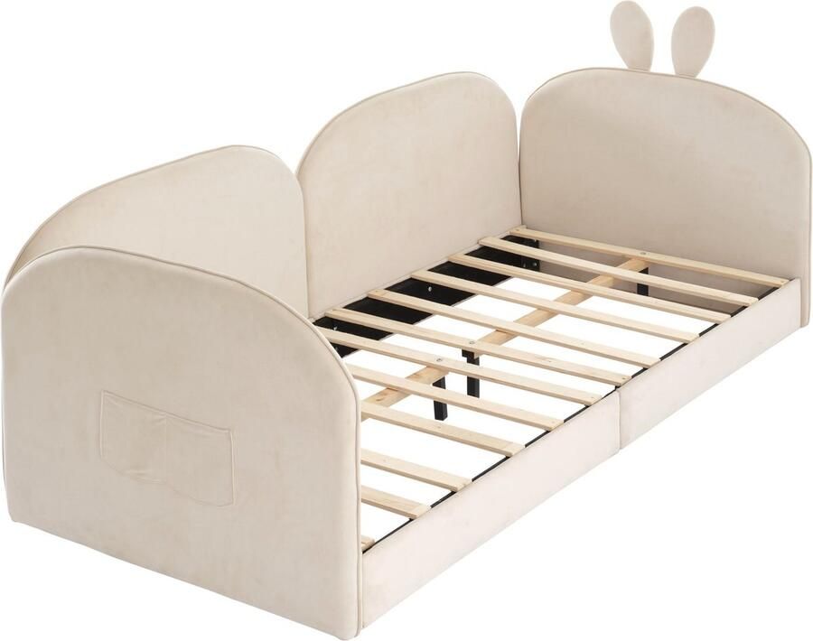 Merax Eenpersoonsbed 90x200 cm Velvet Gestoffeerd Slaapbank met Konijnen Oren Bed met Konijnen Hoofdbord Beige