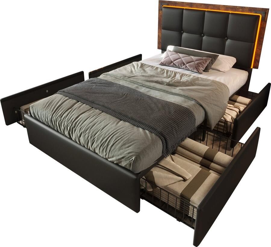 Merax Luxe Kunstleer Eenpersoonsbed 90x200 cm met 4 Opberglades en Verstelbaar Hoofdbord Bedframe Eenpersoons met LED-Verlichting Zwart Gestoffeerd