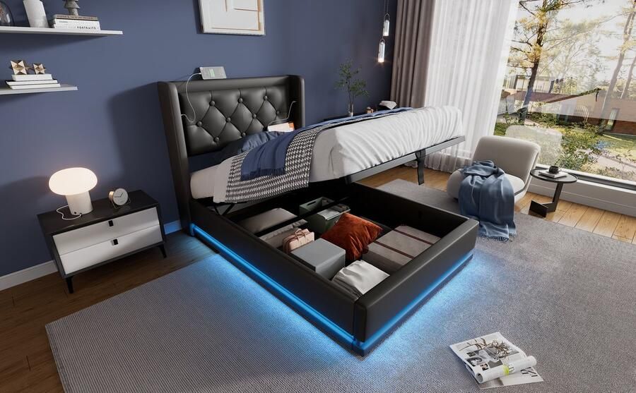 Merax Polsterbett Einzelbett 90*200 cm Schwarz PU-Material Hydraulisches Stauraumbett gepolstertes Kopfteil mit USB Typ-C Ladefunktion 3-seitige LED-Funktion(Ohne Matratze) - Foto 2