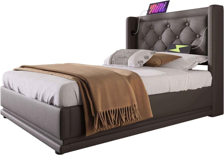 Merax Polsterbett Einzelbett 90*200 cm Schwarz PU-Material Hydraulisches Stauraumbett gepolstertes Kopfteil mit USB Typ-C Ladefunktion 3-seitige LED-Funktion(Ohne Matratze) - Foto 3