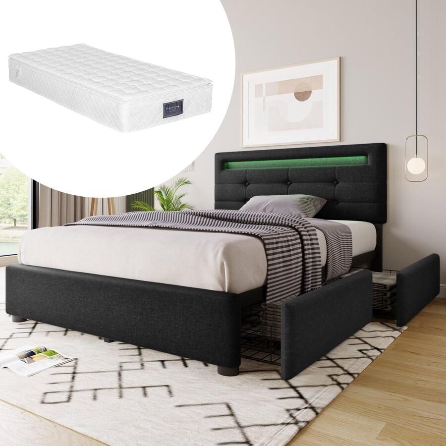 Merax Eenpersoonsbed 90x200 met Binnenveringsmatras Gestoffeerd Bed met LED-Verlichting en 2 Opberglades Zwart