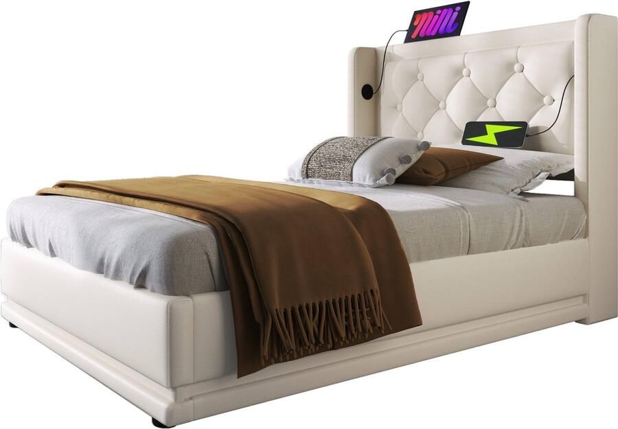 Merax Kunstleder Eenpersoonsbed 90x200 cm met USB-C en LED-Verlichting Luxe Kunstleer Gestoffeerd Bed met Hydraulische Opbergruimte en Verstelbaar Hoofdbord Wit - Foto 2