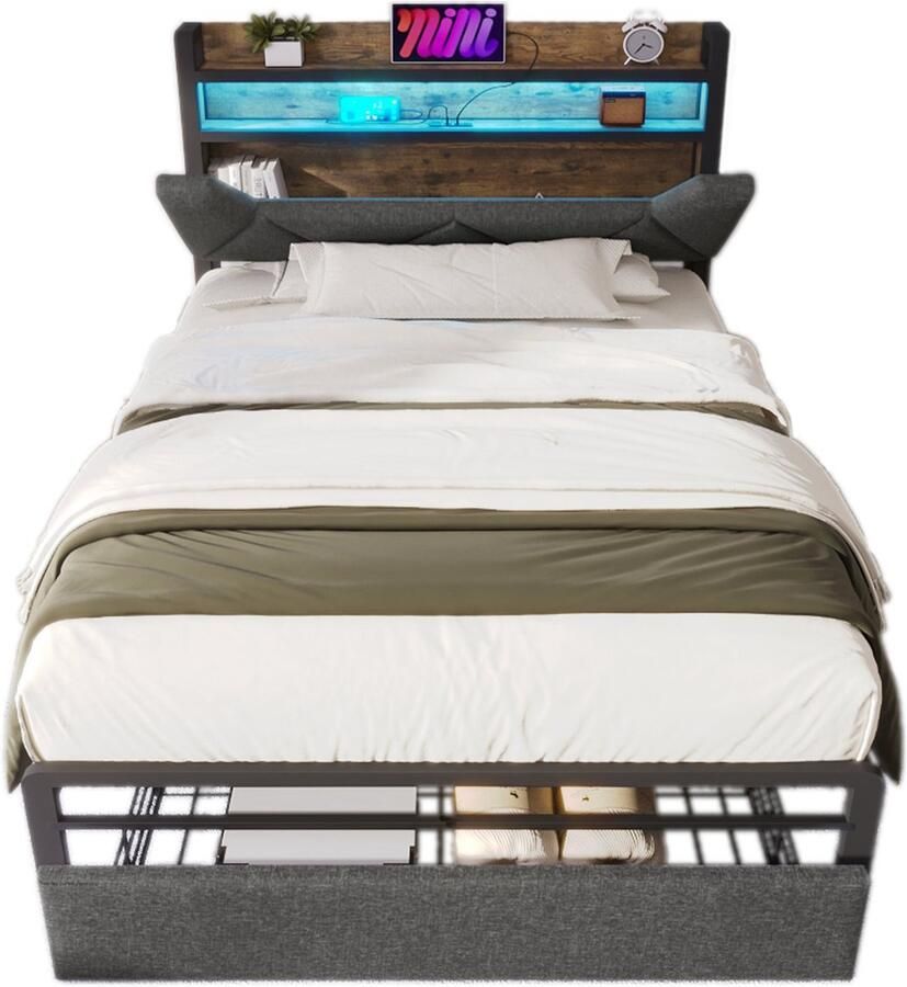 Merax Gestoffeerd Bed met USB Type C Oplaadfunctie Opslag Hoofdbord LED Verlichting en Laden Enkel Bed 90 x 200 cm Opbergbed met Lattenbodem en Metaal Frame Grijs (Inclusief Matras)