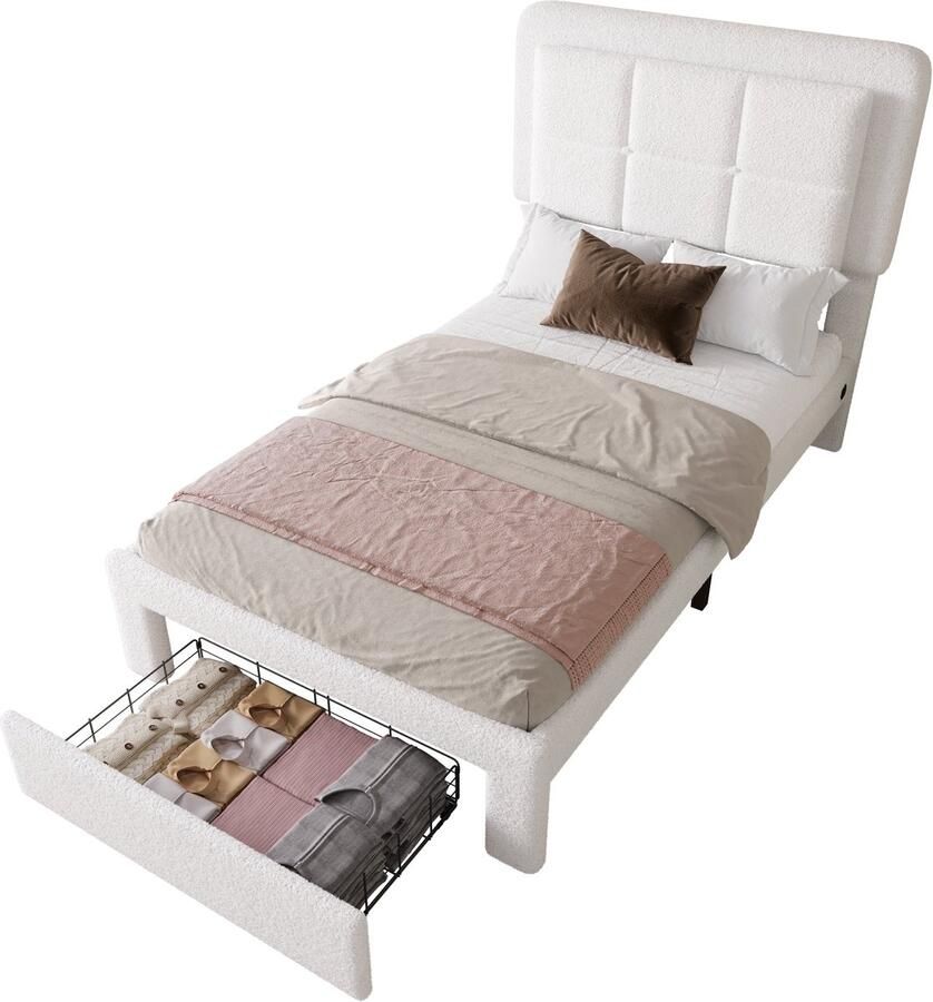 Merax 90x200 Bed met Luxe Fluweel Gestoffeerd Hoofdbord Verstelbare Hoogte LED Verlichting met Afstandsbediening USB Oplaadpunten Houten Lattenbodem en Opbergruimte Wit