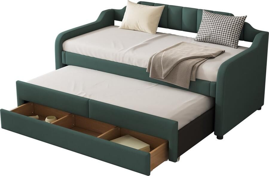 Merax 90x200 cm (190 cm) Slaapbank Gestoffeerd Bed met Uittrekbaar Bed en Schubladen Katoen en Linnen Groen