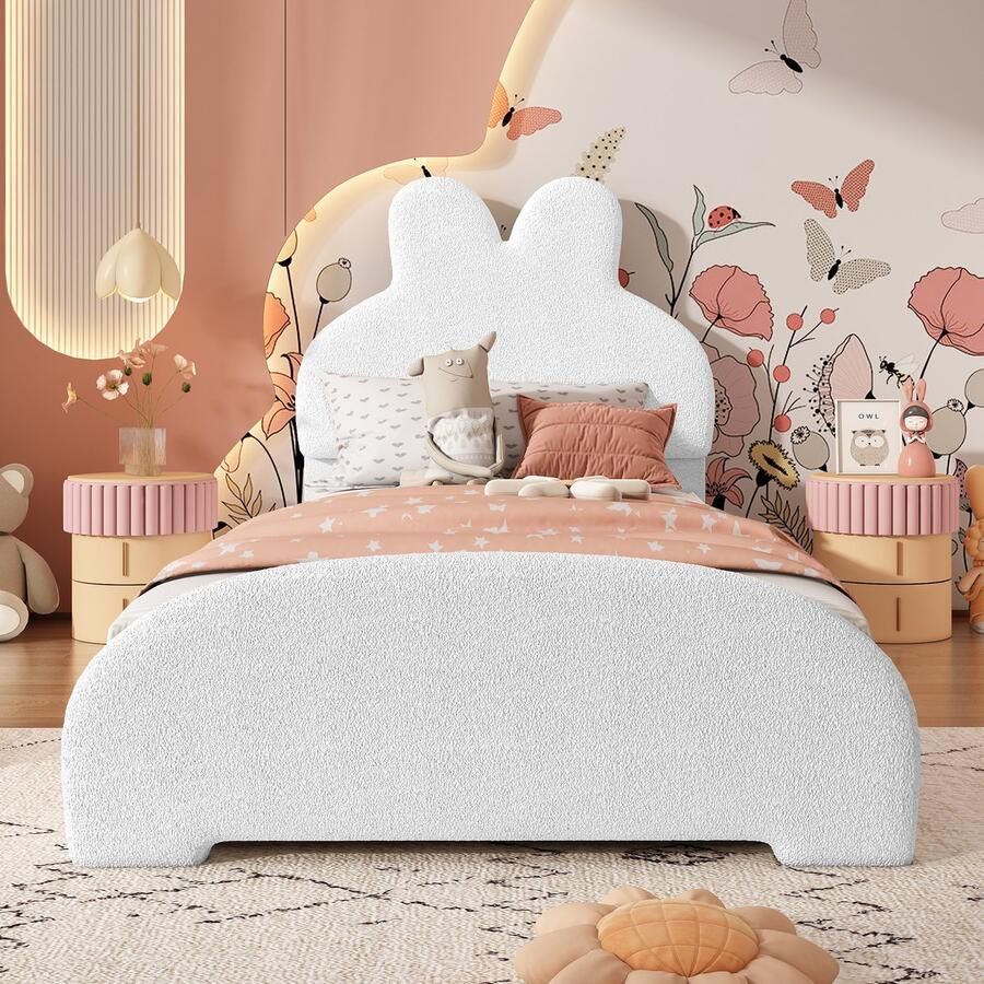 Merax Eenpersoonsbed gestoffeerd bed hoofdeinde in de vorm van konijnenoor stijlvol en comfortabel cartoon schattige stijl wit 90x200cm
