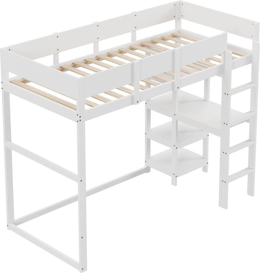 Merax Eenpersoonsbed Hoogslaper 90x200 cm met Planken voor Opbergruimte Kinder- en Tiener Bed van Massief Hout – Wit