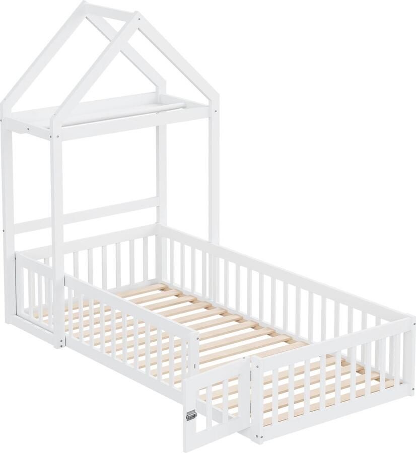 Merax Eenpersoonsbed in Huisvorm 90x200 cm met Omheining en Hekje Houten Kinderbed met Handige Plank Wit