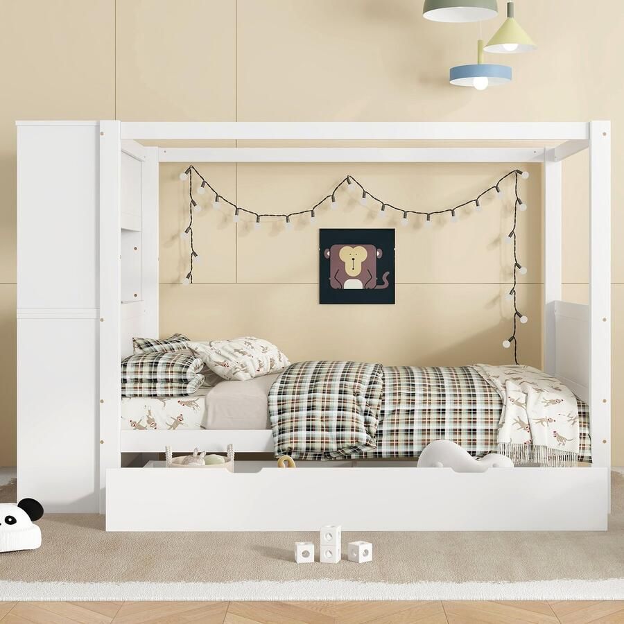 Merax Eenpersoonsbed Kinderbed met valbeveiliging en rail met opbergruimte Locker met 5 lades op wielen naturel wit 90x200 cm