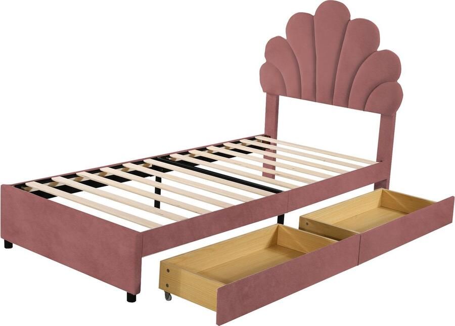 Merax Eenpersoonsbed met Bloemvormig Hoofdbord en 2 Opberglades 90x200 cm Velvet Gestoffeerd Bed Roze