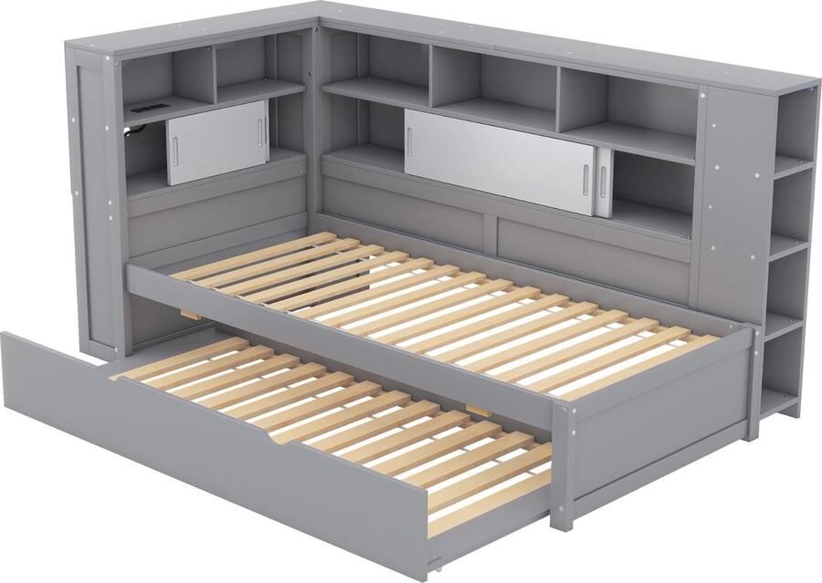 Merax Eenpersoonsbed met Extra Uitschuifbaar Bed 90x200 cm en 90x190 cm Kinderbed met Opbergruimte en USB Aansluiting Grijs