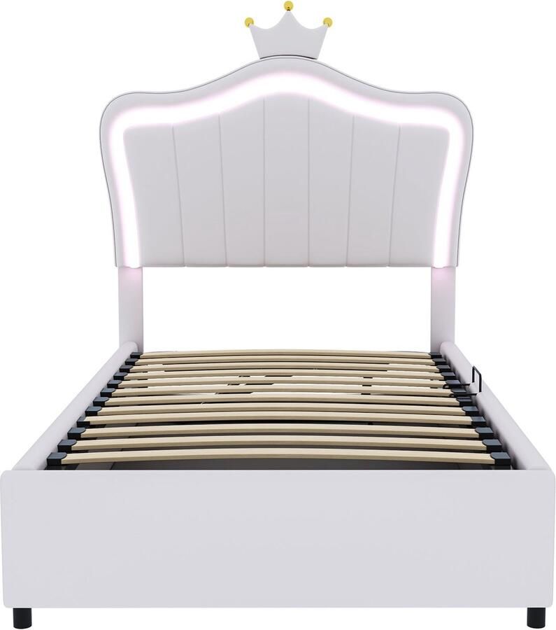 Merax Eenpersoonsbed met Kroon op Hoofdbord Kunstleer Gestoffeerd Kinderbed met LED-verlichting Bed met Hydraulische Opbergruimte Wit - Foto 2