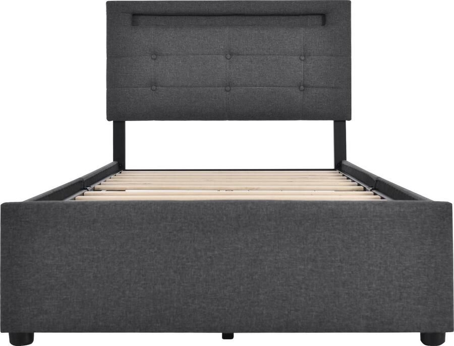 Merax Eenpersoonsbed met LED-Verlichting en 2 Opberglades Inclusief Matras 90x200 cm Verstelbaar Hoofdbord Houten Lattenbodem Grijs