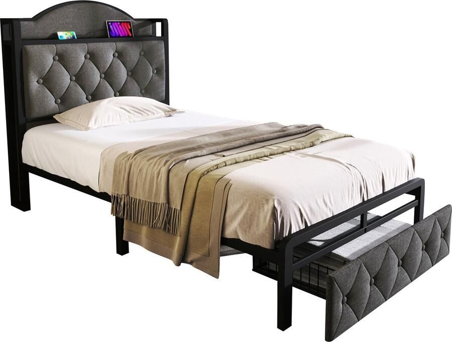 Merax Eenpersoonsbed met Opbergvak met USB Type-C Oplaadfunctie en Laden Enkelbed 90 x 200 cm met Lattenbodem en Metalen Frame Grijs (Inclusief Matras)