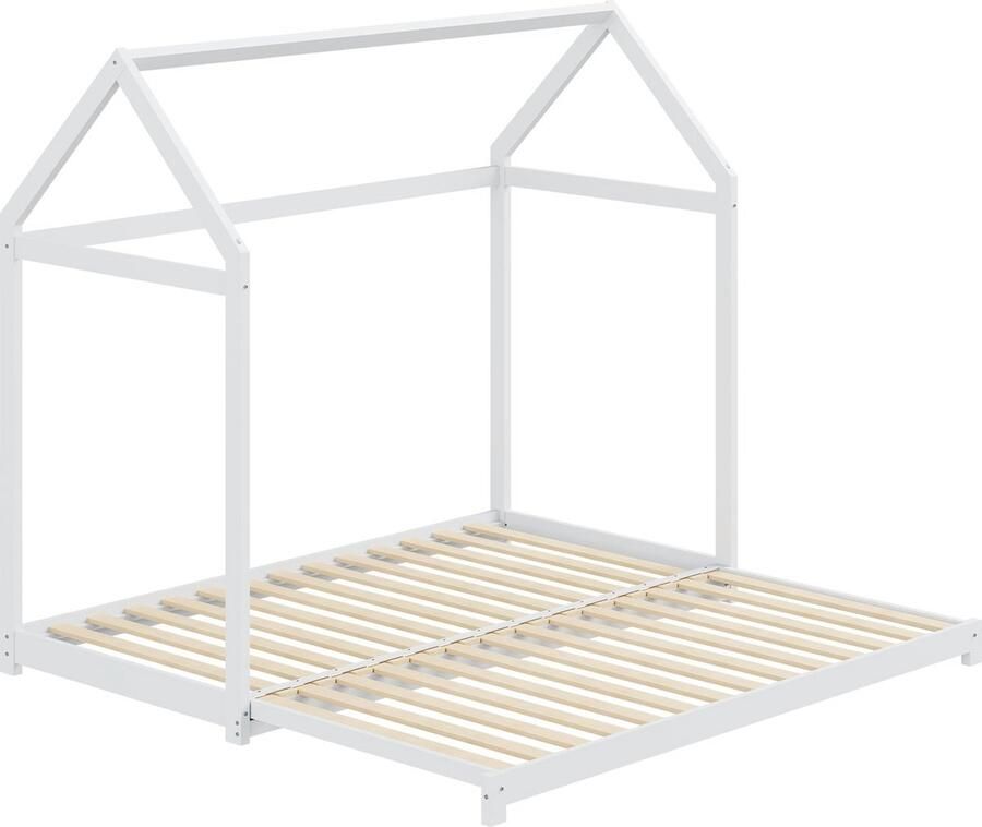 Merax Eenpersoonsbed met Uitschuifbaar tot Tweepersoonsbed 90 180 x 190 cm Bedframe in Huisvorm Wit