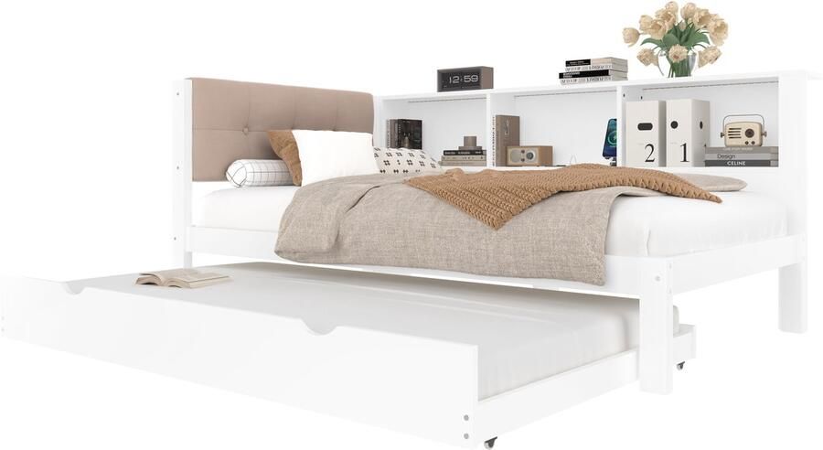 Merax Houten Bed met Uittrekbaar Logeerbed – 90x200 cm – Met LED Verlichting USB-aansluiting & Open Rek – Wit – Bed zonder Matras