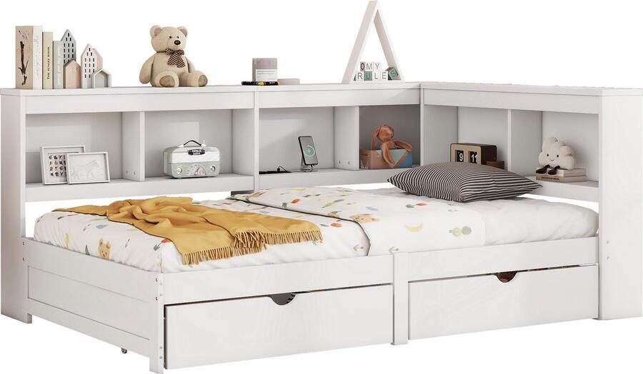 Merax Slaapbank met opberg ruimte 90 x 200 cm Multifunctioneel Slaapsofa met 2 Lade Stopcontact en 2 USB-aansluitingen (Zonder Matras)