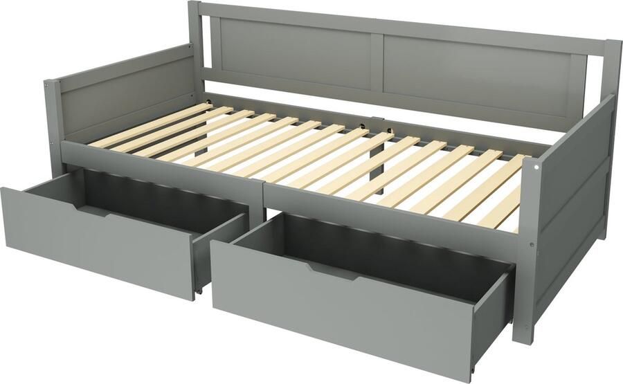 Merax Eenpersoonsbed Slaapbank 90x200 cm Houten Bed met 2 Ruime Opberglades Grijs