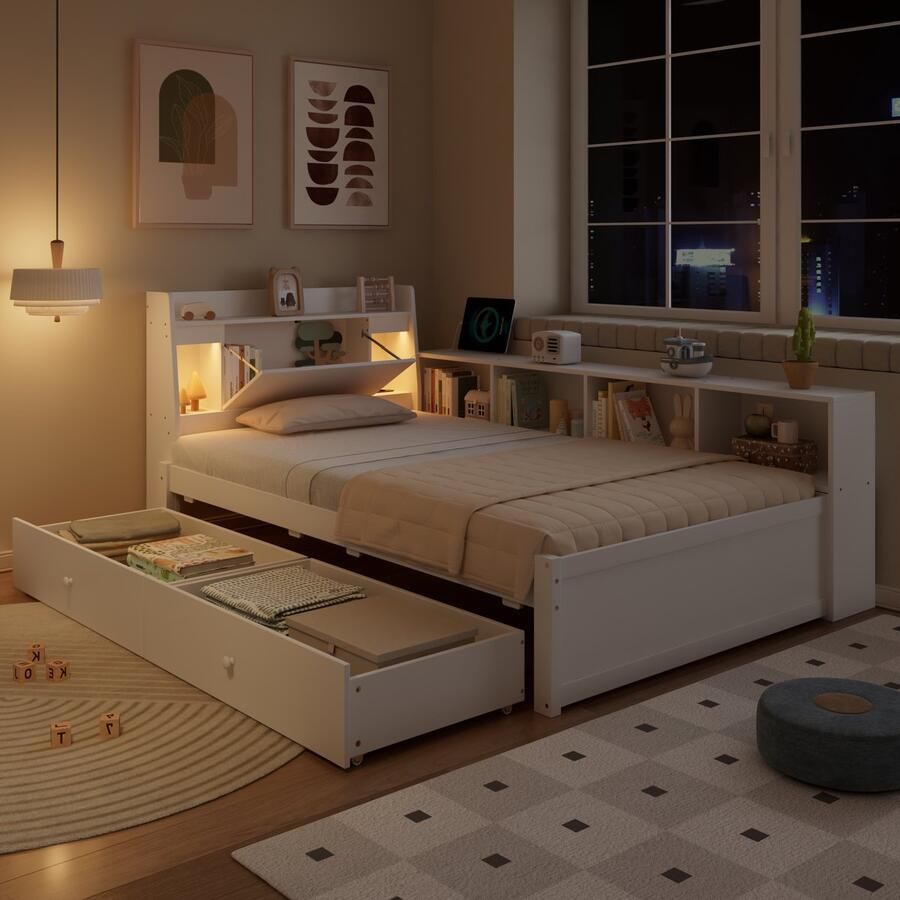 Merax Eenpersoonsbed Slt bed Hoofdeinde met opbergvak 2 lampen met oplaadaansluitingen zijkasten en lades wit 90x200 cm