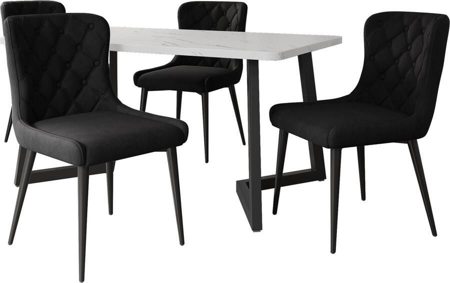 Merax Eetkamerset (5-delig) – 117x68 cm Eettafel met 4 Stoelen – Moderne Keukenset met Zwarte IJzeren Stoelpoten Zwart met Wit