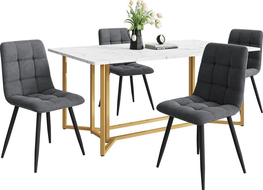 Merax Eethoek (5-delig) – 140x80 cm Eettafel met 4 Donkergrijze Fluwelen Eetkamerstoelen en Gouden Metalen Poten – Moderne Keukenset met Witte MDF Blad