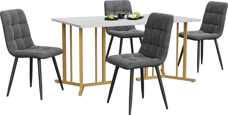 Merax Eetkamerset (5-delig) Set van 140×80 cm Eettafel met 4 Donkergrijze Eetkamerstoelen en Gouden Metalen Poten