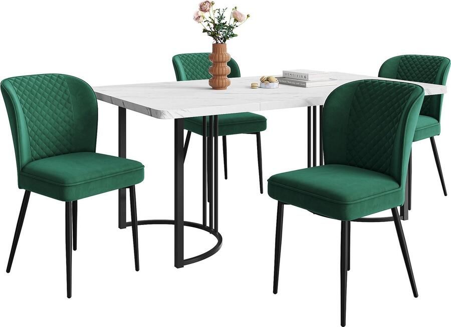 Merax Eetgroep Set (5-delig) 140x80 cm Eettafel met 4 Donkergroene Samt Stoelen Moderne MDF Tafel met Zwarte Metalen Poten
