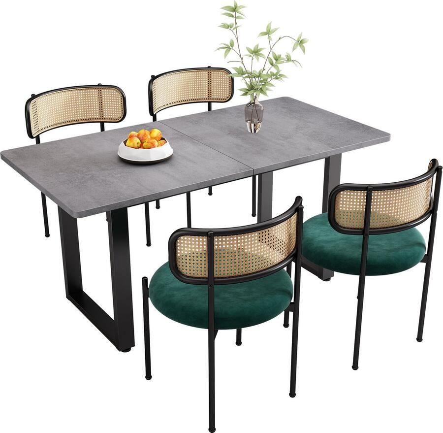 Merax Eetkamer Set (5-delig) 4 Luxe Fluwelen Eetkamerstoelen en 1 Eettafel Modern Design in Grijs met Groen en Zwart