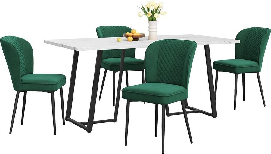 Merax Eethoek 5 Delig Moderne Eettafel met 4 Donkergrijze Velvet Eetkamerstoelen 140×80×75 cm MDF Tafelblad in Wit met Zwarte Metalen Poten