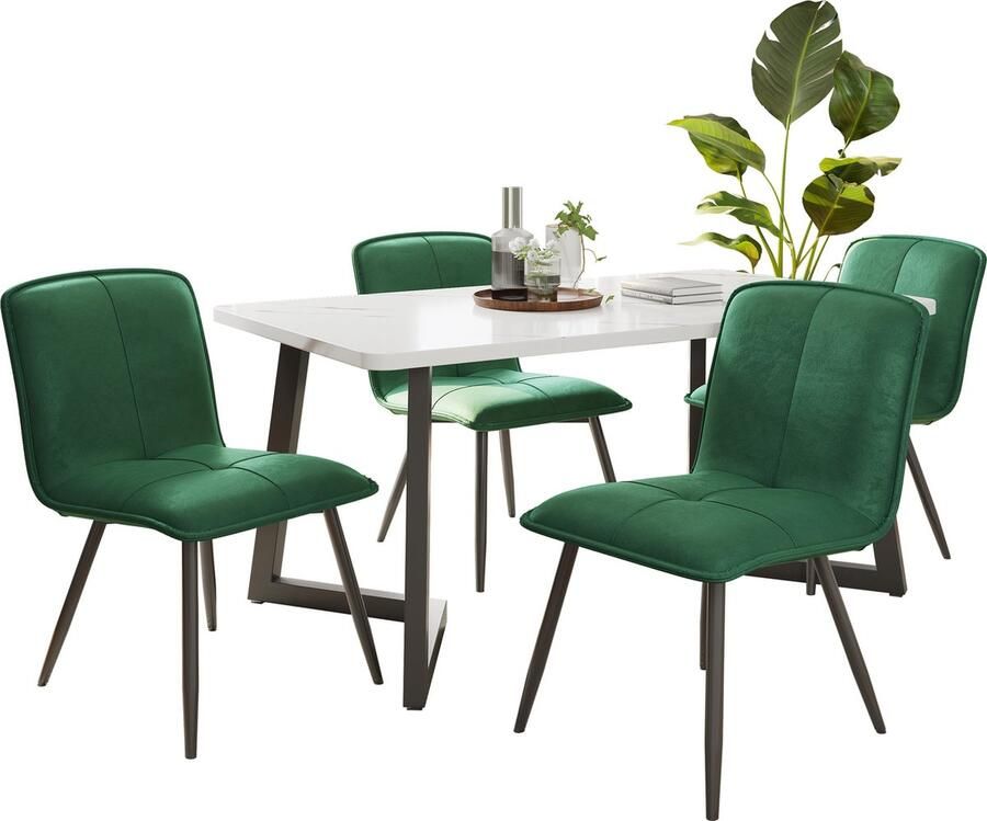 Merax Eethoek (5-delig) – 117x68 cm Eettafel met 4 Fluwelen Stoelen – Modern Keukentafel Set met Zwarte Poten – Groene Stoelen