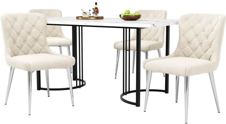 Merax Eethoek 5-delig 140x80 cm Eettafel met 4 Eetkamerstoelen Set Moderne Keukentafel met Witte Stoelen met Zwarte IJzeren Poten